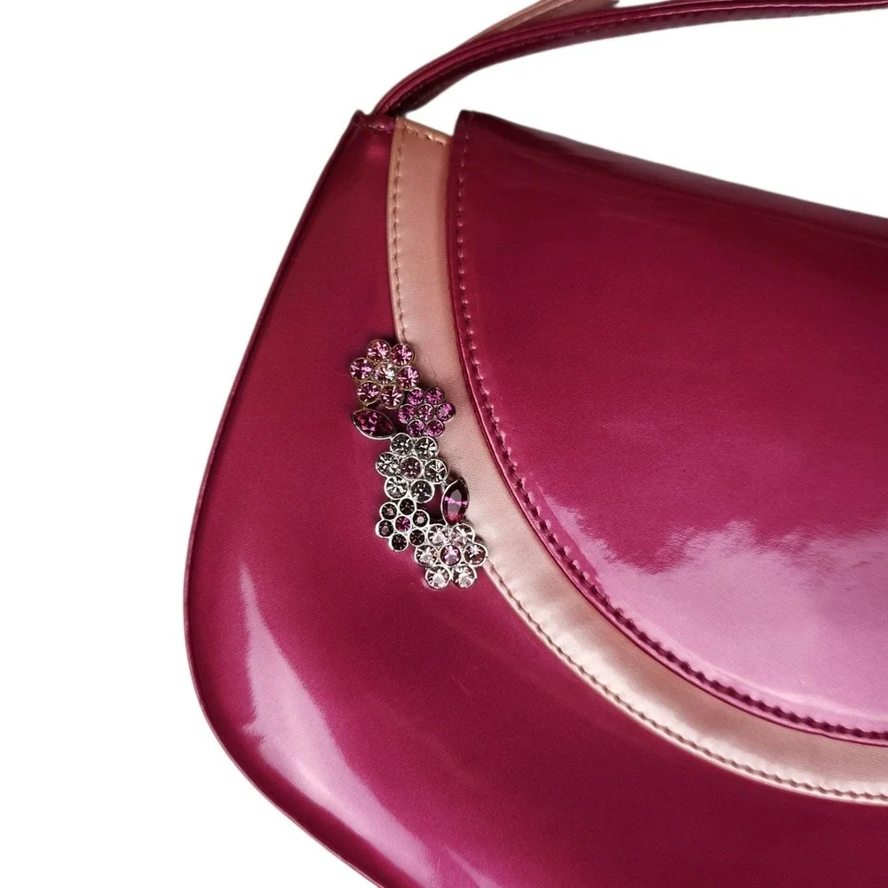 Stuart Weitzman Y2K 90s Shoulder Bag Purse Patent Leather Pink Rhinestone Spain